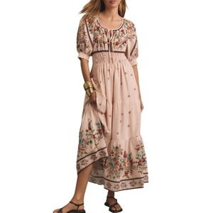 Anthropologie Somerset Puff Sleeve Maxi Dress XS Pink Floral Prairie Cottagecore